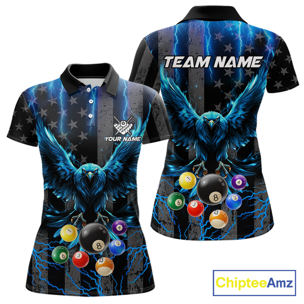 Blue lightning eagle 8 ball pool polo shirt for women with patriotic billiard team graphics.