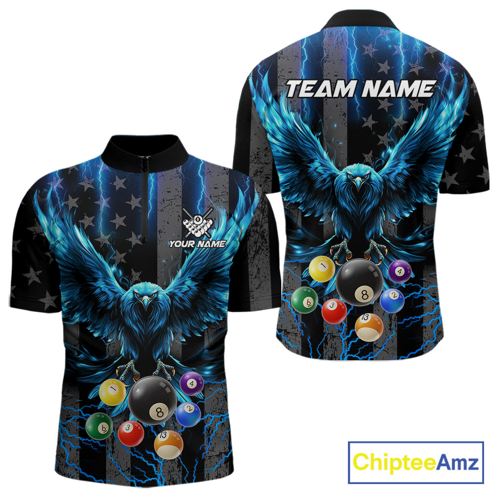 Blue lightning eagle 8 ball billiard quarter zip shirt for men made for tournaments and pool league matches.