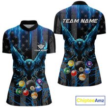Load image into Gallery viewer, Blue lightning eagle 8 ball billiard quarter zip shirt for women made for tournaments and pool league matches.