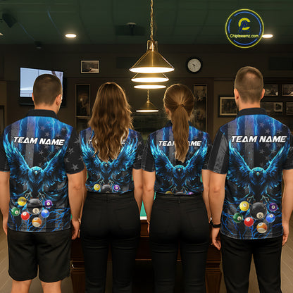 Back view of pool players wearing matching blue lightning billiard shirts in a game room.