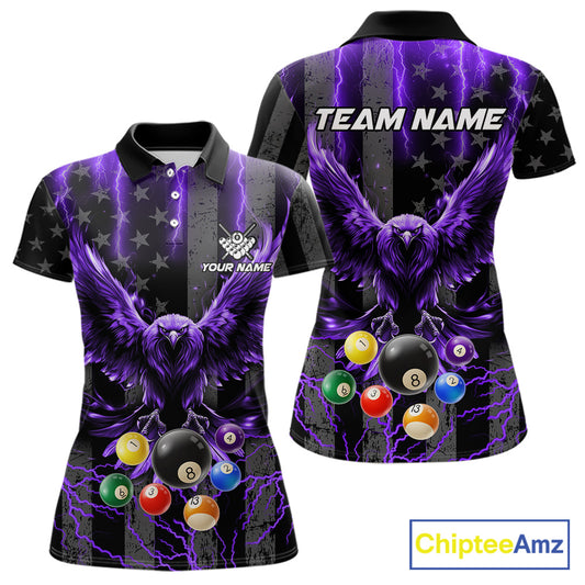 Purple lightning eagle 8 ball billiard polo shirt for women with bold American flag team graphics.