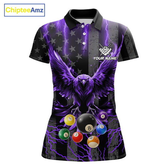 Purple lightning eagle 8 ball billiard polo shirt for women with bold American flag team graphics.
