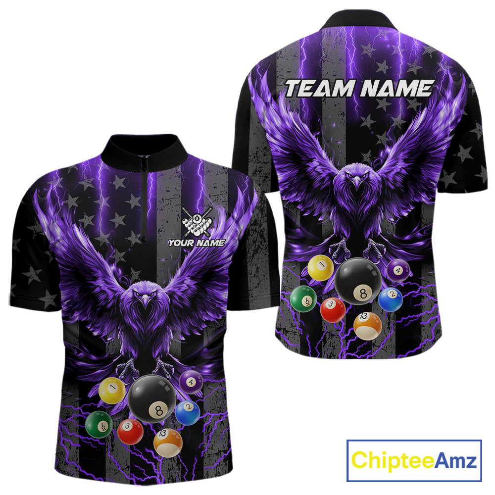 Purple lightning eagle 8 ball billiard quarter zip shirt for men designed for league nights and tournaments.