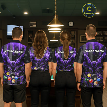 Back view of pool players wearing matching purple lightning billiard shirts in a game room.