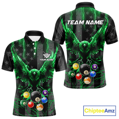 Green lightning eagle 8 ball pool polo shirt for men with patriotic American flag billiard graphics.