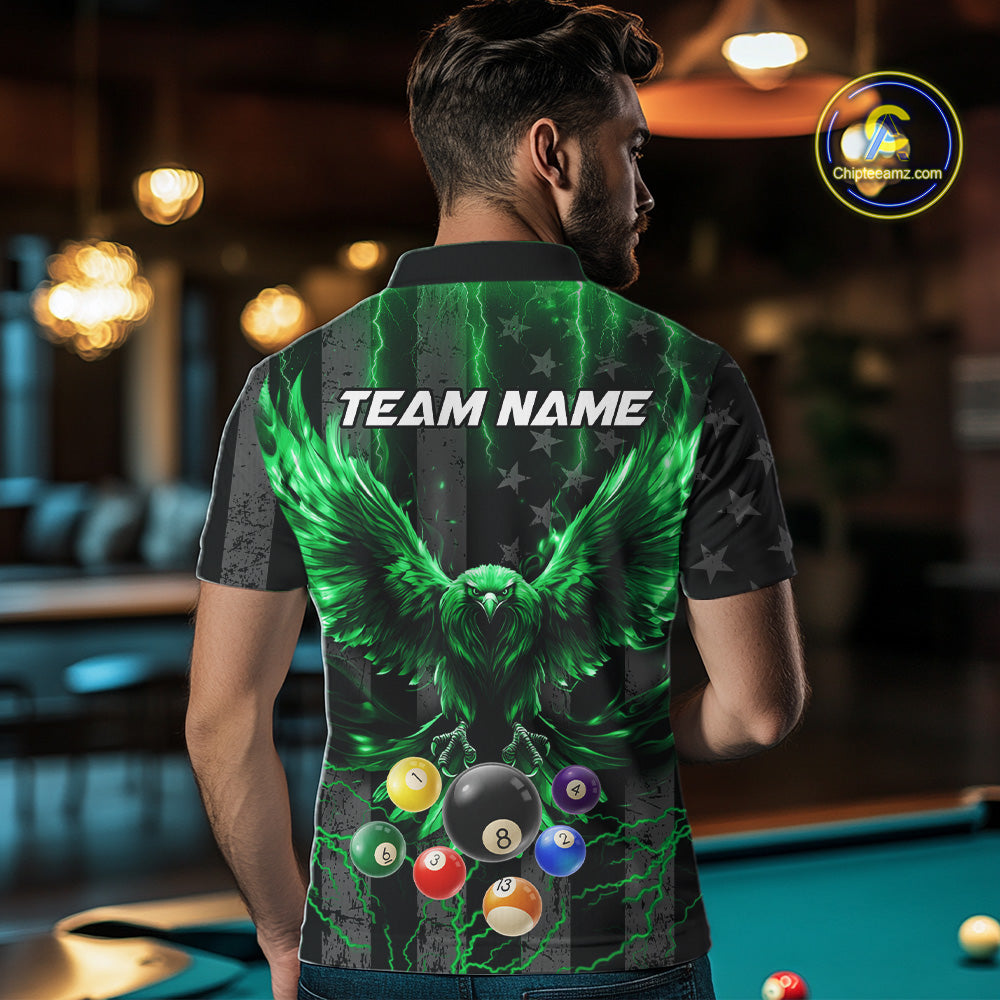 Back view of man wearing a green lightning eagle pool shirt inside a billiards hall.