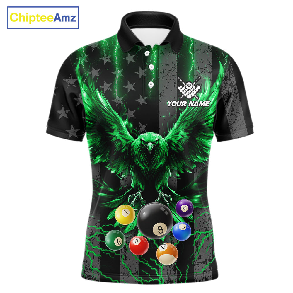Green lightning eagle 8 ball pool polo shirt for men with patriotic American flag billiard graphics.