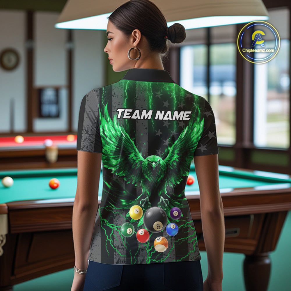 Back view of woman wearing a green lightning eagle pool shirt inside a billiards hall.