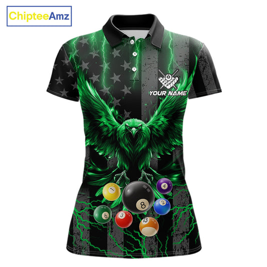Green lightning eagle 8 ball pool polo shirt for women with patriotic American flag billiard graphics.