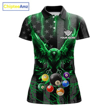 Load image into Gallery viewer, Green lightning eagle 8 ball pool polo shirt for women with patriotic American flag billiard graphics.