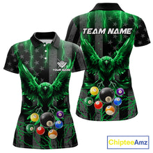 Load image into Gallery viewer, Green lightning eagle 8 ball pool polo shirt for women with patriotic American flag billiard graphics.
