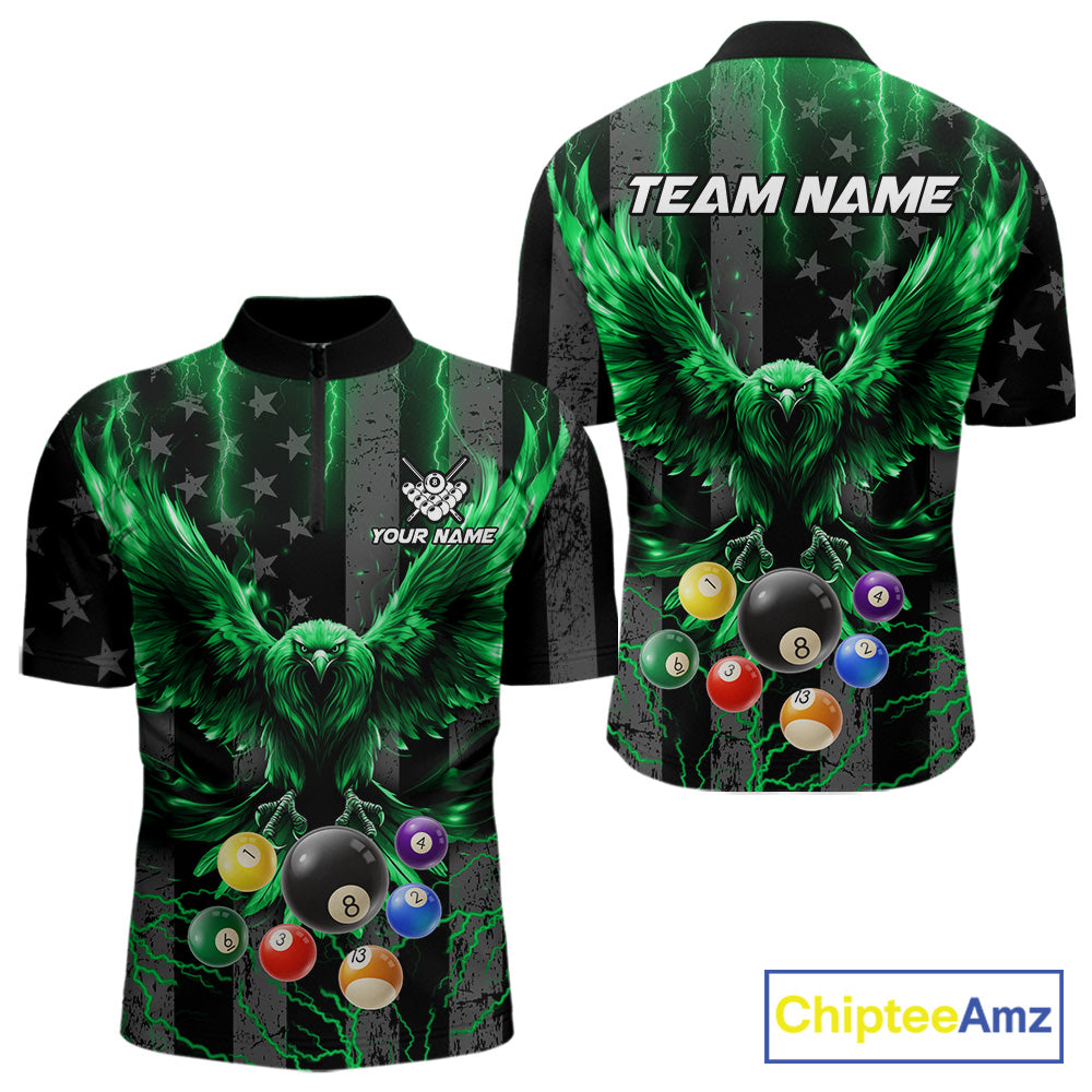 Green lightning eagle 8 ball billiard quarter zip shirt for men built for tournament and team competition.