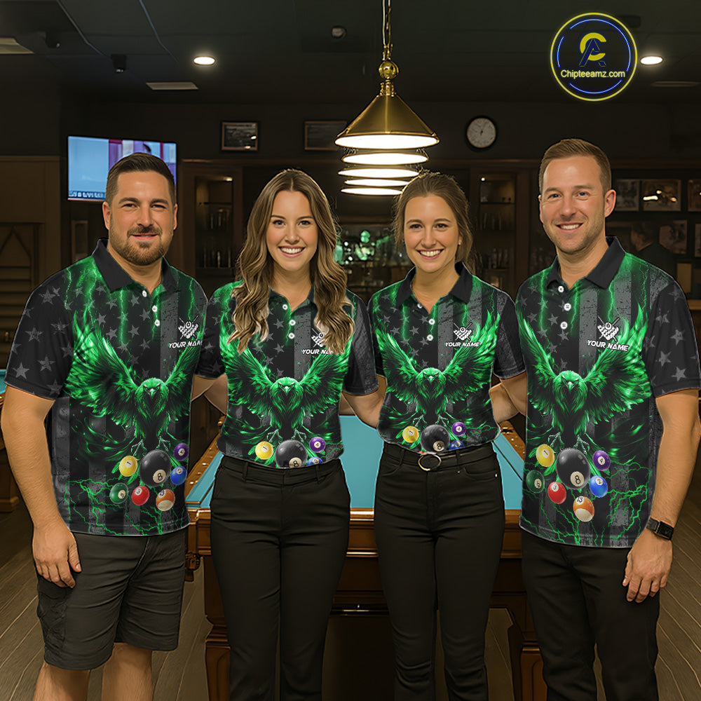 Pool team wearing matching green lightning eagle billiard jerseys during tournaments front view.