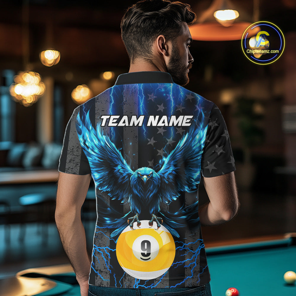 Back view of man wearing a blue lightning eagle pool team shirt in a billiards hall.