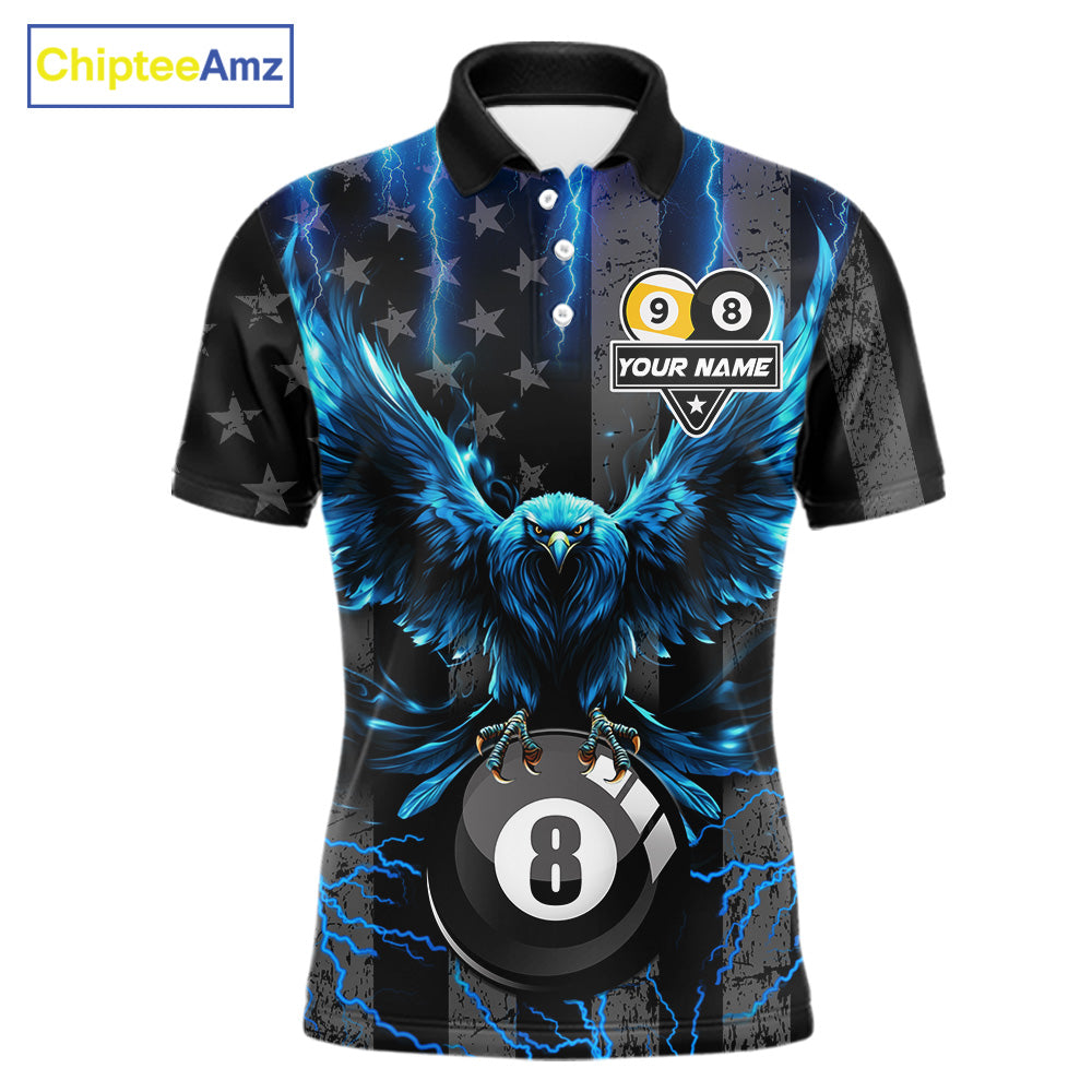 Blue lightning eagle 8 ball and 9 ball billiard polo shirt for men with patriotic American flag graphics.