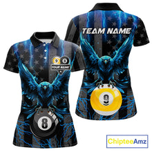 Load image into Gallery viewer, Blue lightning eagle 8 ball and 9 ball billiard polo shirt for women with patriotic American flag graphics.