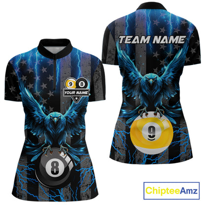 Blue lightning eagle 8 ball and 9 ball billiard quarter zip shirt for women designed for tournaments and league play.