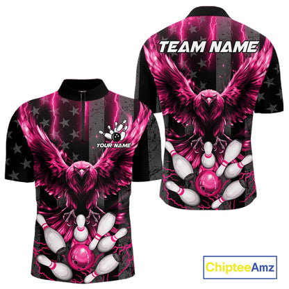Pink lightning eagle bowling quarter zip shirt for men made for league matches and tournament play.