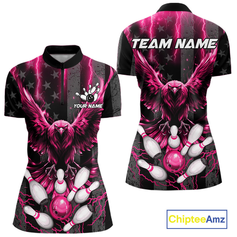 Pink lightning eagle bowling quarter zip shirt for women made for league matches and tournament play.