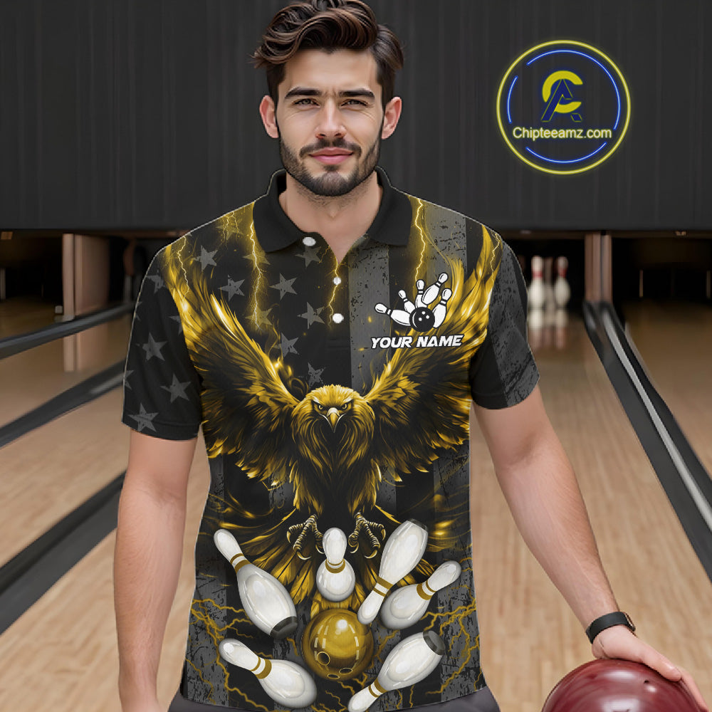 Man wearing a yellow lightning eagle bowling polo shirt at a bowling alley front view.