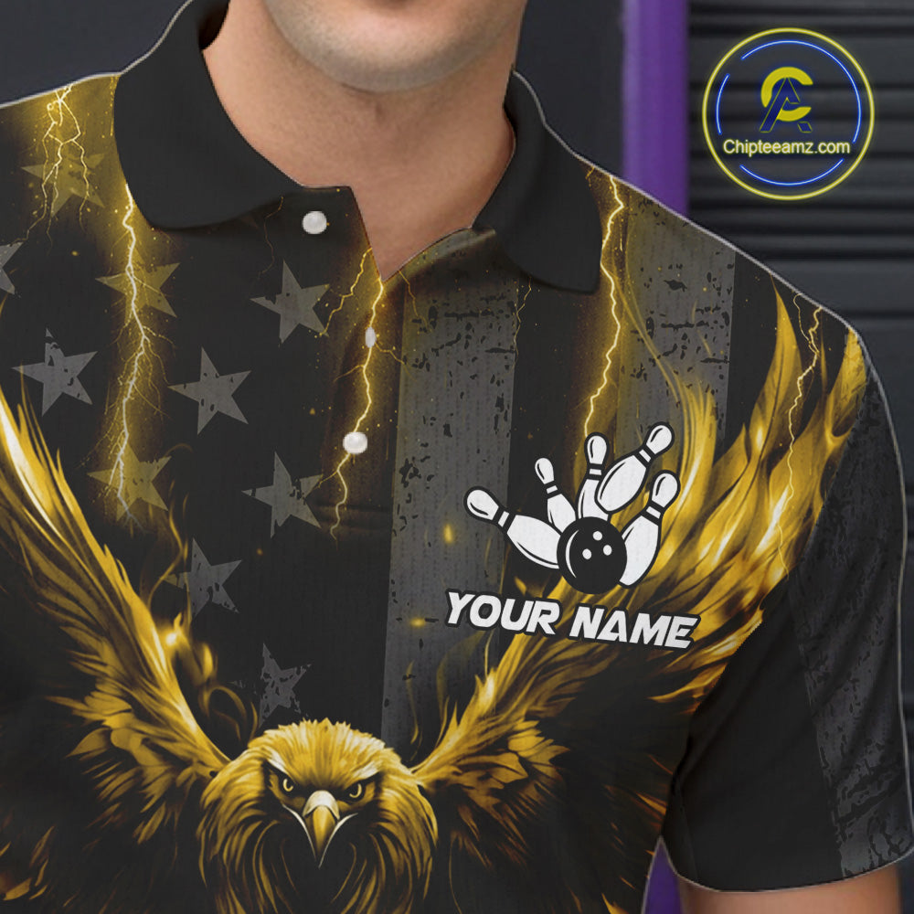 Close-up of a yellow lightning eagle bowling polo shirt collar and chest design with patriotic graphics.