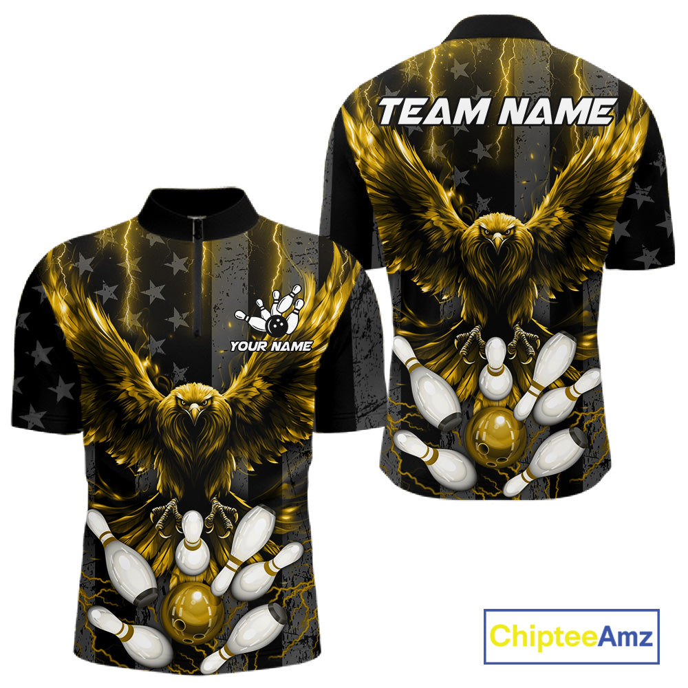 Yellow lightning eagle bowling quarter zip shirt for men designed for league tournaments and team events.