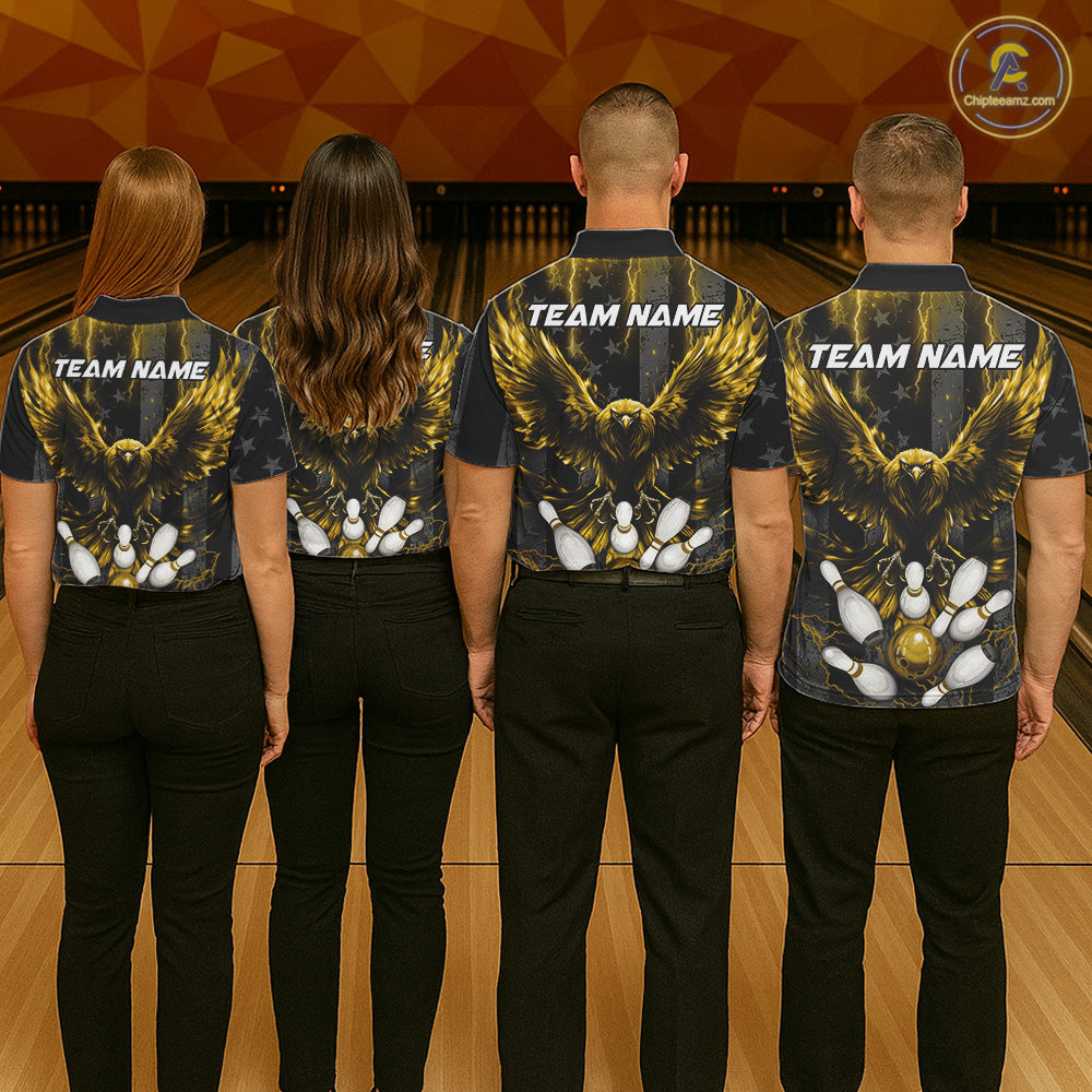 Back view of bowling team wearing matching lightning eagle bowling jerseys in a bowling alley.
