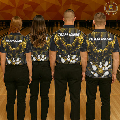 Back view of bowling team wearing matching lightning eagle bowling jerseys in a bowling alley.