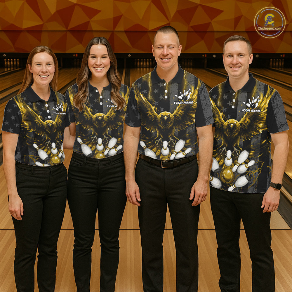 Bowling team wearing matching yellow lightning eagle bowling jerseys during tournaments front view.