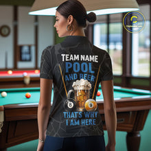 Load image into Gallery viewer, Woman wearing Grim Reaper 8 ball and 9 ball pool and beer That's Why I'm Here billiard polo shirt back view.