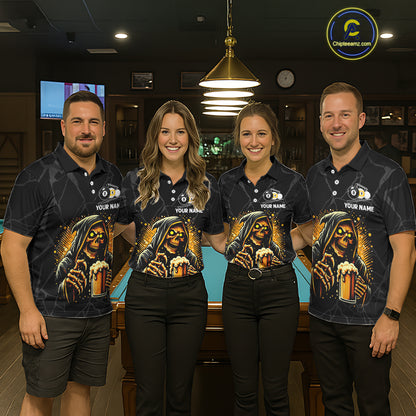 Billiard team wearing matching Grim Reaper 8 ball and 9 ball pool and beer jerseys front view.