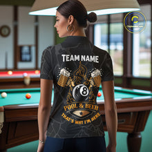 Load image into Gallery viewer, Woman wearing Grim Reaper 8 ball pool and beer That's Why I'm Here billiard polo shirt back view.