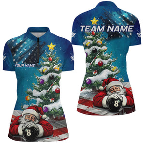 Funny Santa Christmas Pine Tree Custom American Flag Billiard Shirts For Women, Xmas Billiard Jerseys TDM3128