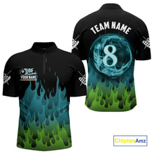 Load image into Gallery viewer, Green And Blue Flaming 8 Ball Pool Men Billiard Polo &amp; 1/4 Zip Custom Pool Team Player Jersey TDM3828