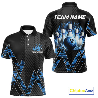 Personalized Fire Flame Bowling Jersey For Men Custom Bowling Team Shirt Polo & 1/4 Zip |Blue TDM6239