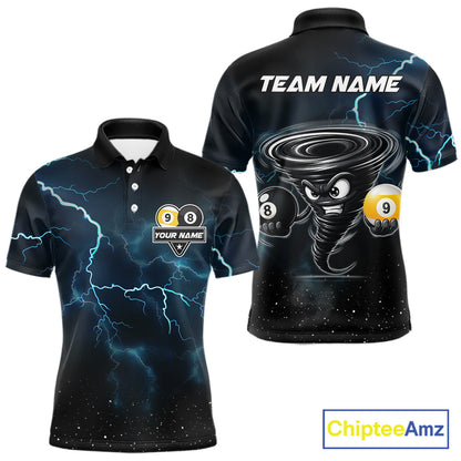 Tornado 8 ball and 9 ball billiard polo shirt for men with blue lightning graphics and bold league style.
