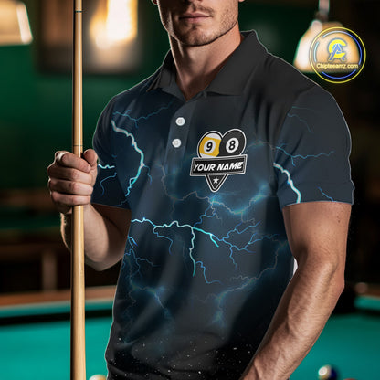 Man wearing a blue lightning billiard shirt during pool match front view.