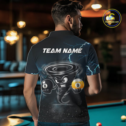 Back view of man wearing a tornado billiard jersey inside a game hall.