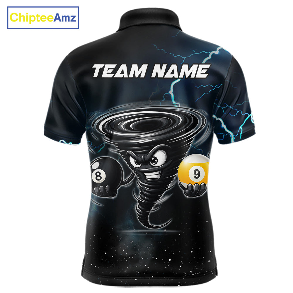 Blue lightning pool shirt for men with tornado billiard design and custom team aesthetic.