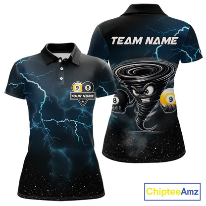 Tornado 8 ball and 9 ball billiard polo shirt for women with blue lightning graphics and bold league style.