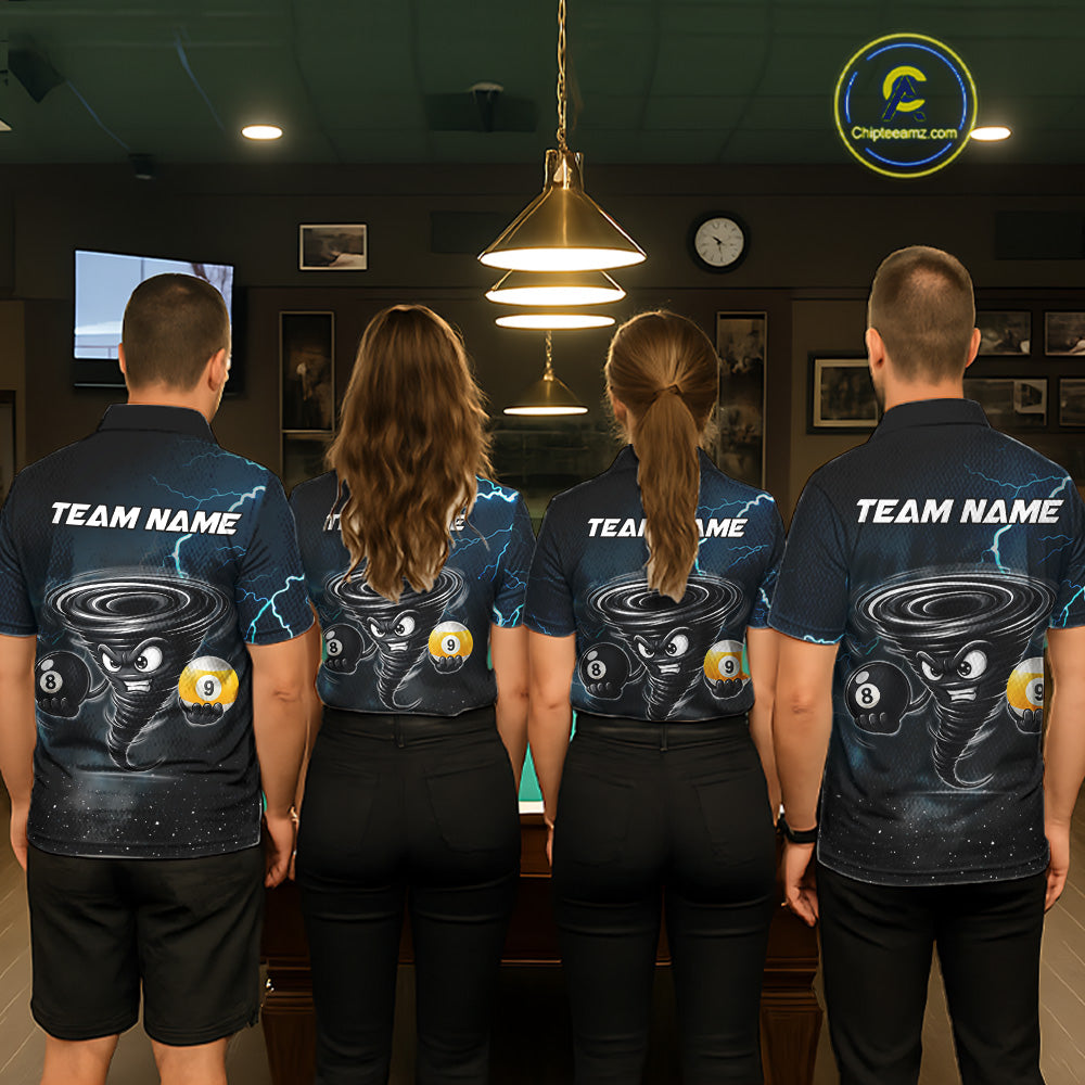 Back view of pool players wearing tornado themed billiard shirts during competition.