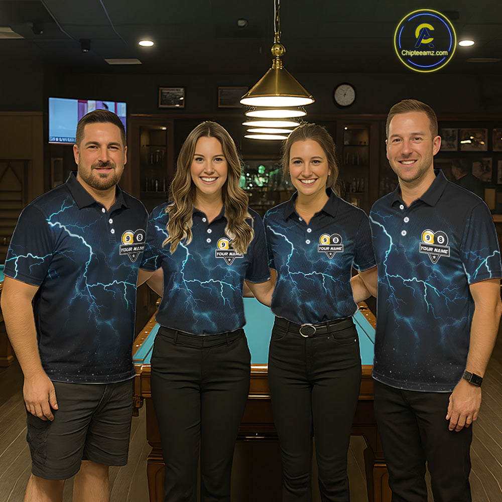 Pool team wearing matching lightning billiard jerseys during tournament matches front view.