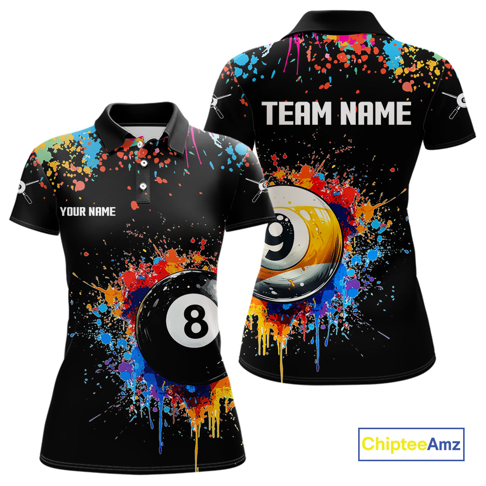 Funny 8&9 Ball Pool Colorful Paint Splash Billiard Shirt For Women Custom Billiard Team Jerseys TDM4295