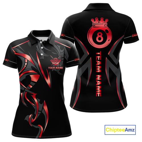 Customized 8 Ball Pool Crown Women Billiard Shirts, Red And Black Billiard Team Shirt Pool Jerseys TDM4728