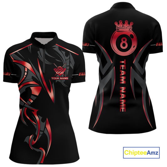 Customized 8 Ball Pool Crown Women Billiard Shirts, Red And Black Billiard Team Shirt Pool Jerseys TDM4728