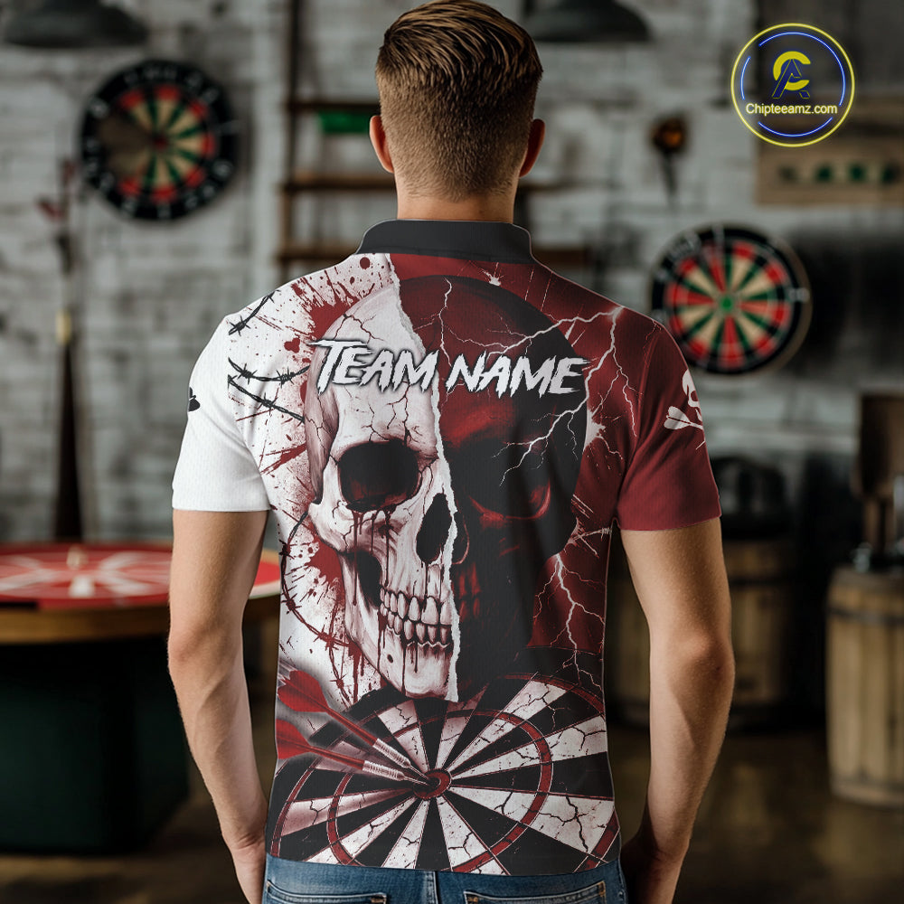 White & Red Skull Dartboard Custom Men Dart Polo Shirt Retro Grunge Dart League Jerseys NYN2083