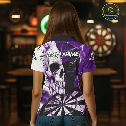 White & Purple Skull Dartboard Custom Women Dart Polo Shirt Retro Grunge Dart League Jerseys NYN2084