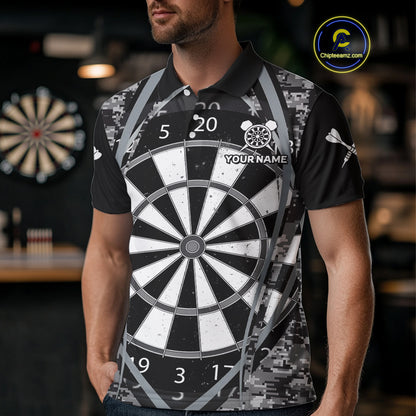 Personalized Grunge Grey Pixel Camo Dart Shirts For Men, Dart Jerseys Team Polo & Quarter Zip TDM3954