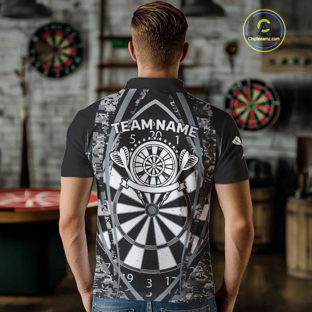 Personalized Grunge Grey Pixel Camo Dart Shirts For Men, Dart Jerseys Team Polo & Quarter Zip TDM3954