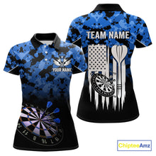 Load image into Gallery viewer, Personalized US Flag Blue Camo Dart Shirts For Women, Patriotic Darts Jersey Team Polo &amp; 1/4 Zip TDM4128